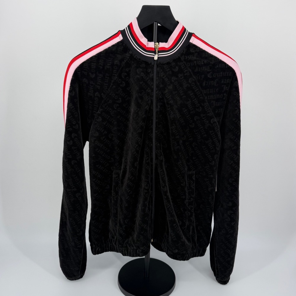 Juicy Couture Track Jacket Womens L Black New Embossed Gothic Velour Stripe Zip